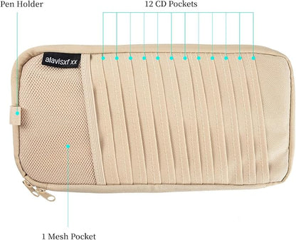 alavisxf xx Car CD Holder, DVD Vehicle Visor Storage Organizer, Large Capacity CD Visor Case with 12 Sleeves, 1 Mesh Pocket, 1 Pen Holder, 1 Back Inner Pocket (Apricot)