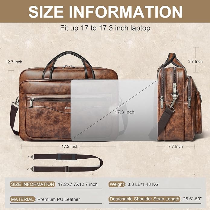 Shrrie Leather Laptop Bag Fits 17 to 17.3 Inch for Men and Women,Vintage Business Briefcase Laptop Messenger Work,Travel