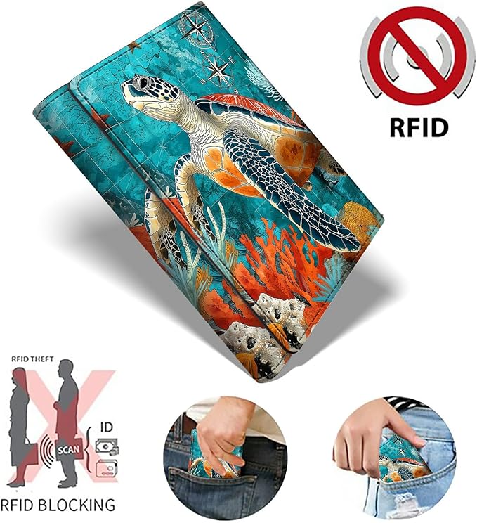 Minimalist Wallet for Men's Card Holders, Pop-Up Card Case Durable Wallets for Women, Leather Automatic Credit Card Holder with Metal Money Clip RFID Blocking Bifold Pocket, Blue Sea Turtle