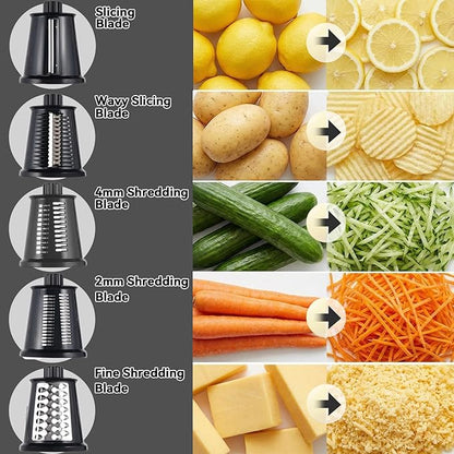 Upgrade Rotary Cheese Grater Shredder with Handle, Strong Suction Base, Multi-purpose Rotary Grater Slicer with 5 Interchangeable Blades for Ice, Vegetables, Fruit, Nuts with Blade Storage Box