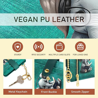 Jogjam Elephant Rfid Women Wallet, Small Slim Thin Credit Card Wallet, PU Leather Bifold Cash Zipper Coin Pocket ID Window for Female Ladies Teen Girls Girly