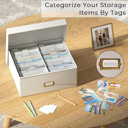 Decorative Photo Storage Box - 2 Pack Linen Photo Box Organizer with Dividers, Fits Holds Up to 1700 Pictures and 4x6 Photos, Memory Keepsake Organizer for Scrapbook Supplies, Cards, Stamps (Beige)
