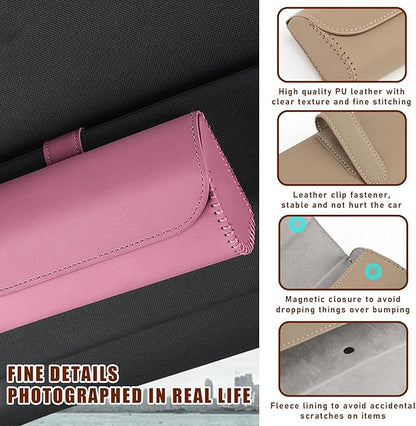 Augeny Sunglasses Holder for Car Sun Visor, Leather Auto Eyeglasses Storage Case with Hidden Magnetic Closure, Protective Glasses Organizer Box, Vehicle Visor Accessories for Woman Man (Pink)