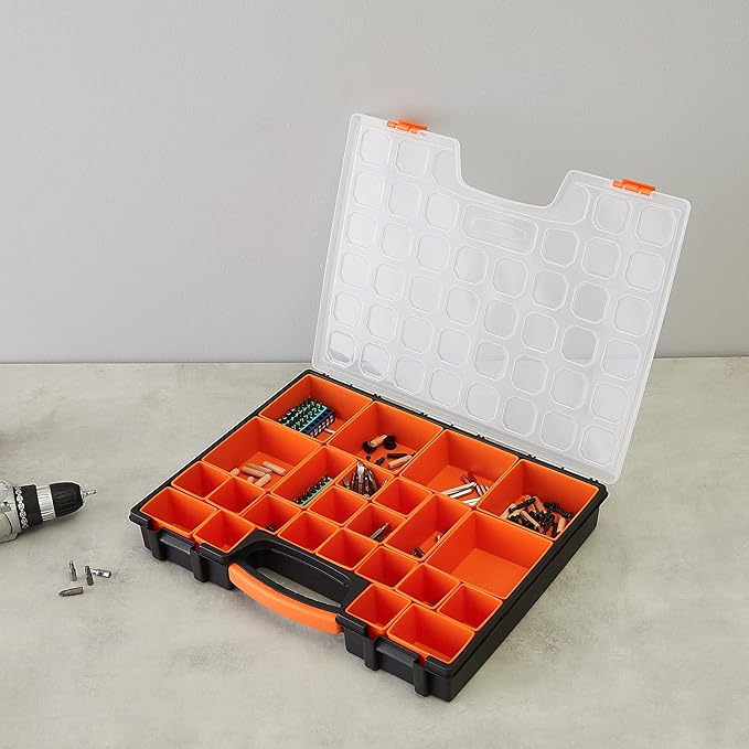 Amazon Basics 19-Removable Compartment Small Parts Organizer, Portable Hardware Storage Box with Customizable Compartments, Black, Orange, 16.5 x 13.2 x 2.4 inches