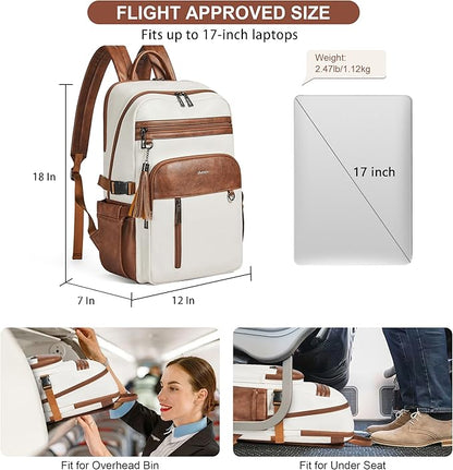 Shrrie Vegan Leather Laptop Backpack for Women,17 Inch Computer Backpack Purse for Work Business College Travel Teacher Nurse with Anti-theft Pocket & Giant Tumbler Holder Pocket,Beige with Brown