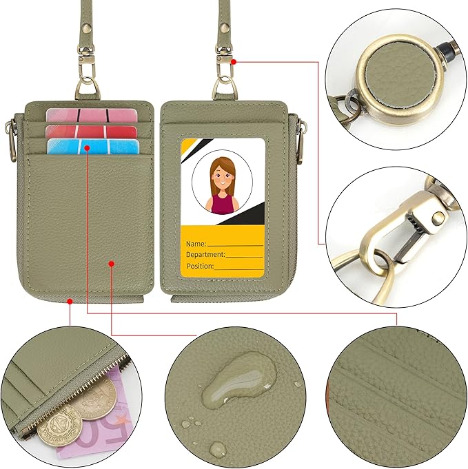 Wason Badge Holder Card Wallet Real Leather with Zipper, Detachable Neck Lanyard, Hand Strap, Retractable Badge Reel, Multi Purpose Case for ID Permit Badge Coin Key Driver's License (Light Green)