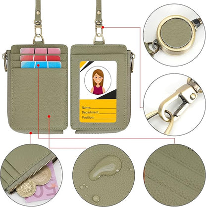 Wason Badge Holder Card Wallet Real Leather with Zipper, Detachable Neck Lanyard, Hand Strap, Retractable Badge Reel, Multi Purpose Case for ID Permit Badge Coin Key Driver's License (Light Green)