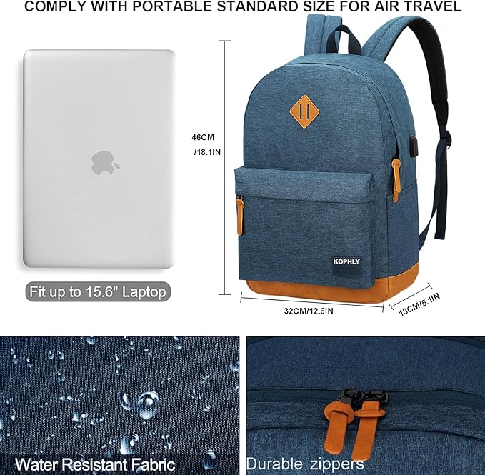 Laptop Backpack with Leather Decoration, USB Charging Port, Classic Backpack for College, Work, Travel(18 Inches/Navy)
