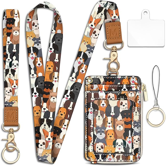 Piefly Cute Dog Lanyard Wallet with ID Badge Holder, Small RFID Wallet Women Keychain Wristlet, Slim Credit Card Holder with Zipper Pocket Phone Lanyard Wrist Strap Name Tag Woman Office Teacher Gift