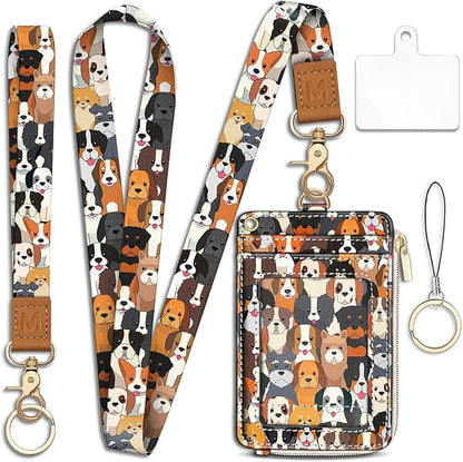 Piefly Cute Dog Lanyard Wallet with ID Badge Holder, Small RFID Wallet Women Keychain Wristlet, Slim Credit Card Holder with Zipper Pocket Phone Lanyard Wrist Strap Name Tag Woman Office Teacher Gift