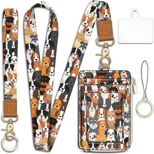 Piefly Cute Dog Lanyard Wallet with ID Badge Holder, Small RFID Wallet Women Keychain Wristlet, Slim Credit Card Holder with Zipper Pocket Phone Lanyard Wrist Strap Name Tag Woman Office Teacher Gift