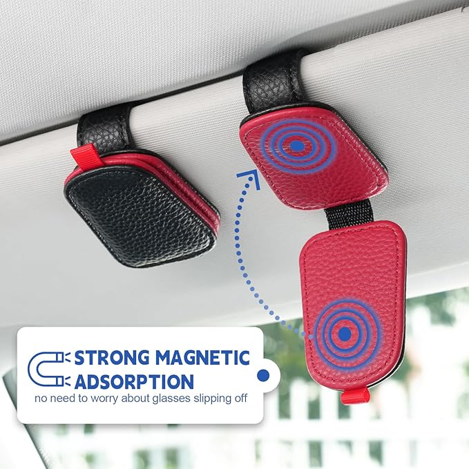 JUSTTOP 2Pack Sunglasses Holders for Car,Magnetic Leather Buckle Sun Visor Sunglass Clip,Ticket Card Clip Sunglasses Mount,Car Interior Accessories for Men and Women(Black-Red)