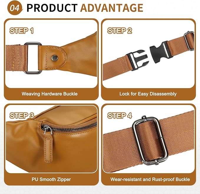 Faux Leather Belt Bag for Men, Crossbody Sling Bag with Adjustable Strap, Back Zipper Pocket, Large Capacity Waist Pack for Travel, Work, Every, Beige