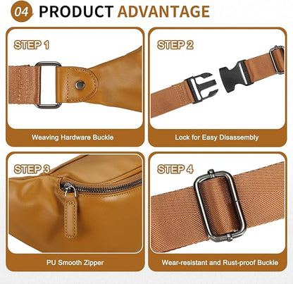 Faux Leather Belt Bag for Men, Crossbody Sling Bag with Adjustable Strap, Back Zipper Pocket, Large Capacity Waist Pack for Travel, Work, Every, Beige