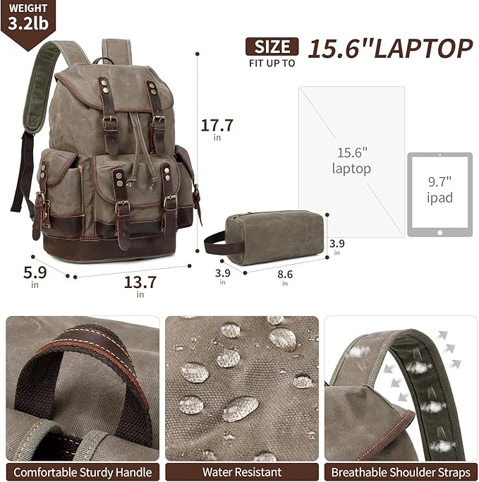 Wogarl Leather Backpack for Men, Waxed Canvas Vintage Backpack Rucksack for Business College Travel Hiking Shoulder Daypacks With Toiletry Bag(Army Green)