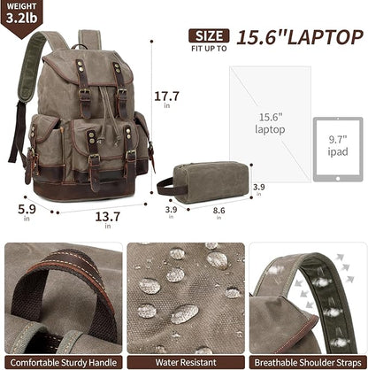 Wogarl Leather Backpack for Men, Waxed Canvas Vintage Backpack Rucksack for Business College Travel Hiking Shoulder Daypacks With Toiletry Bag(Army Green)