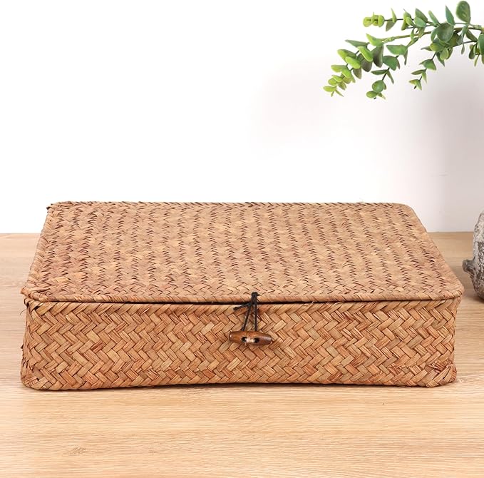 Moosky Flat Wicker Shelf Baskets with Lid, Handwoven Seagrass Basket Boxes for Storage Baskets Bins Home Decor Organizer (Coffee Large)