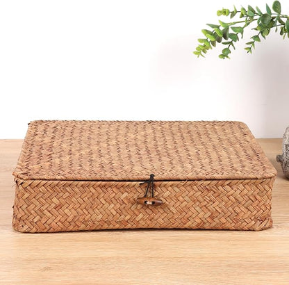 Moosky Flat Wicker Shelf Baskets with Lid, Handwoven Seagrass Basket Boxes for Storage Baskets Bins Home Decor Organizer (Coffee Large)
