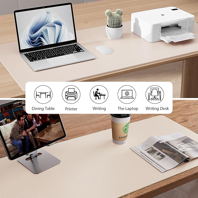 Aothia Faux Leather Desk Mat – Large Mouse Pad, Non-Slip PU Leather Blotter, Waterproof Writing Surface for Office and Home (Eggshell, 47.2" x 23.6")