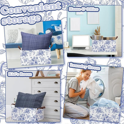 Boao 3 Pcs Blue Floral Storage Bin Wildflowers Collapsible Large Storage Baskets for Gifts Canvas Laundry Basket Foldable Box with Handle for Office Home Bedroom Clothes