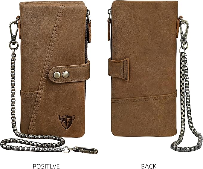 Genuine Crazy Horse Leather Travel Gift Coin Pocket Card Case Long Organizer Chain Rfid Wallet Purse With Snap For Men Male 1803 1815 (1803 Brown 26b)