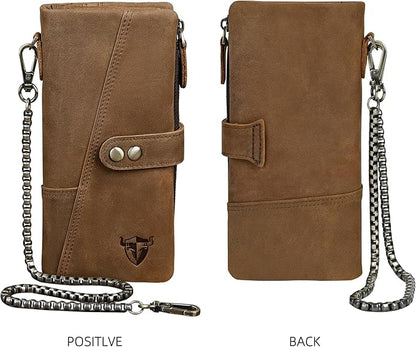Genuine Crazy Horse Leather Travel Gift Coin Pocket Card Case Long Organizer Chain Rfid Wallet Purse With Snap For Men Male 1803 1815 (1803 Brown 26b)