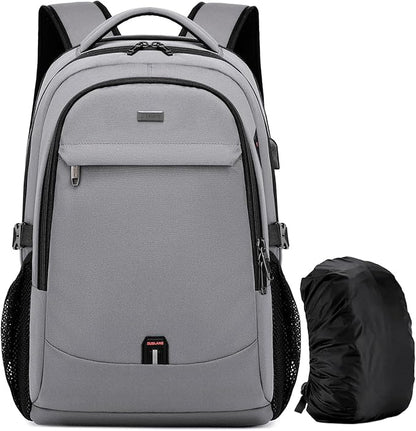 DUSLANG 17 Inch Laptop Backpack for Travel Water Resistant College Backpack for Men/Women Laptop Bag with USB Charging Port and Rain Cover,light grey