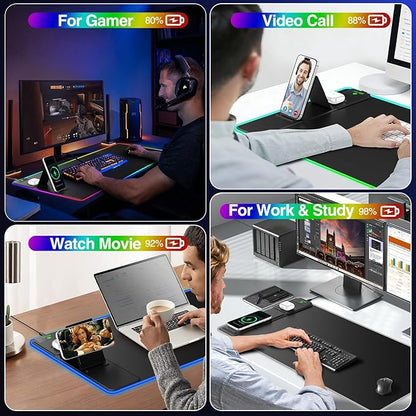 XXL RGB LED Gaming Mouse Pad with Magnetic Wireless Charger & Foldable Phone Holder, 31.5"x15.8" Extended Ultra-Smooth Desk Mat, 25 Lighting Effects, Non-Slip Base, Includes 20W PD Adapter