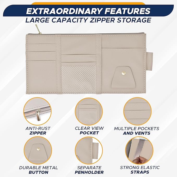EcoNour Car Sun Visor Organizer (Beige) | Multi-Pocket Net Zipper Case for Cash, Card, Pen & Sunglass | Visor Organizer Storage Pouch | Interior Accessories with Pocket for Car & Truck | Small