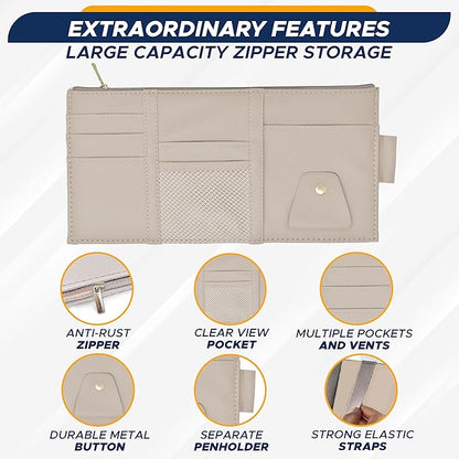 EcoNour Car Sun Visor Organizer (Beige) | Multi-Pocket Net Zipper Case for Cash, Card, Pen & Sunglass | Visor Organizer Storage Pouch | Interior Accessories with Pocket for Car & Truck | Small