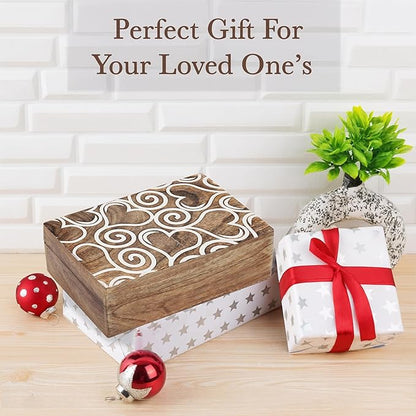 Ajuny Wooden Handmade Decorative Jewelry Storage Box White and Brown Heart Design Multipurpose Treasure Chest Keepsake Organizer Necklaces Watch Boxes Great for Gifts 8x5 Inch