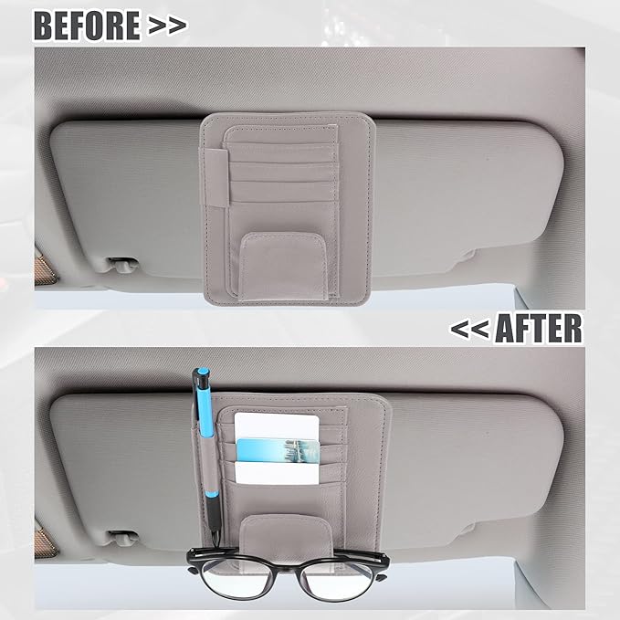 X AUTOHAUX PU Leather Car Sun Visor Organizer Glasses Holder Card Holder Auto Accessories Pocket Organizer Gray