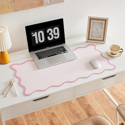 Ralxion Pink Scalloped Desk Mat, 31.5" x 15.7", PU Leather, Waterproof Anti-Slip, Cute Aesthetic Desk Pad for Office/Home/Game/Vanity Large