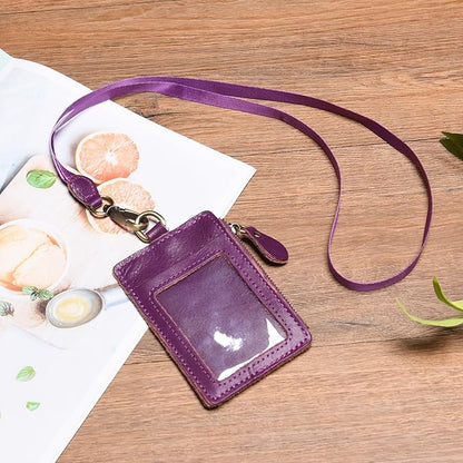 Wonderpool Leather ID Badge Holder with Zipper Wallet Pouch - Card Slots Case Detachable Neck Lanyard and Retractable Badge Reel for Office School Hospital Exhibition ID (Purple)