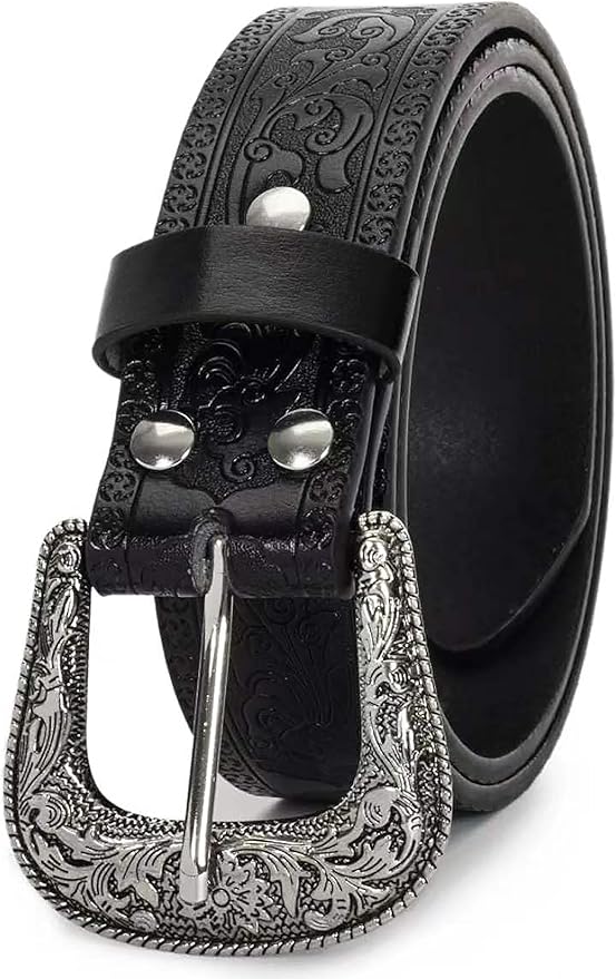 INOGIH Adjustable-Vintage-Western-Cowboy-Belt Women Men - Cowboy-Style Engraved-Buckle Belt for Jeans Pants Dresses