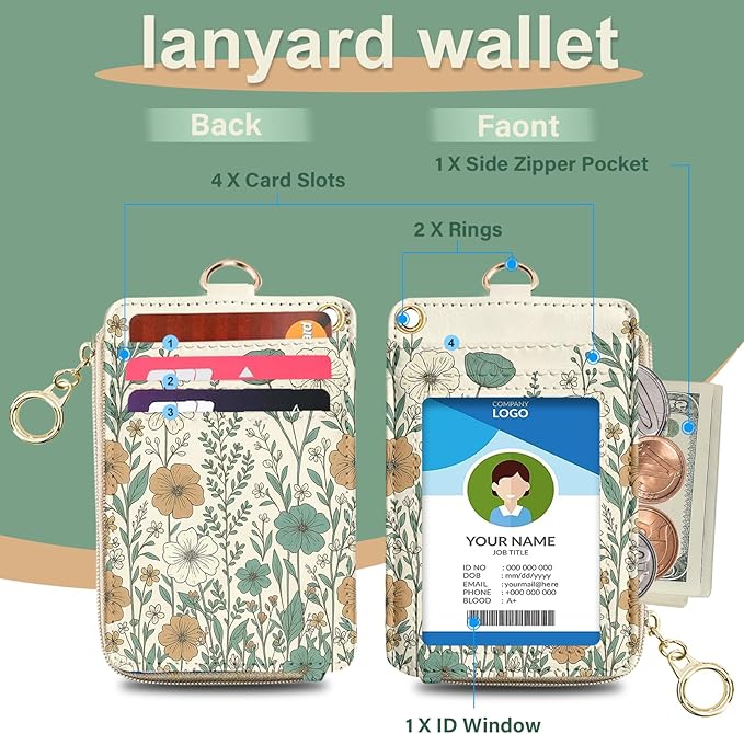 ID Badge Holder with Lanyard,Vintage Floral Art PU Leather Lanyard with Wallet with ID Badge Holder Wallet for Office, School, Teachers, Nurses, Women