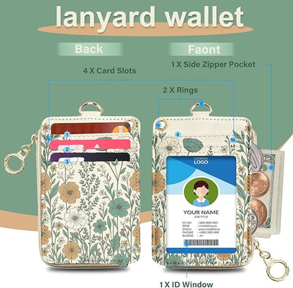ID Badge Holder with Lanyard,Vintage Floral Art PU Leather Lanyard with Wallet with ID Badge Holder Wallet for Office, School, Teachers, Nurses, Women
