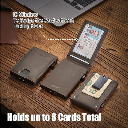 Wallet for Men，Slim Minimalist Smart Wallet for Men With Money Clip Genuine Leather Card Holder RFID Blocking Metal Aluminum Pop Up Card Wallet with ID Window Gift