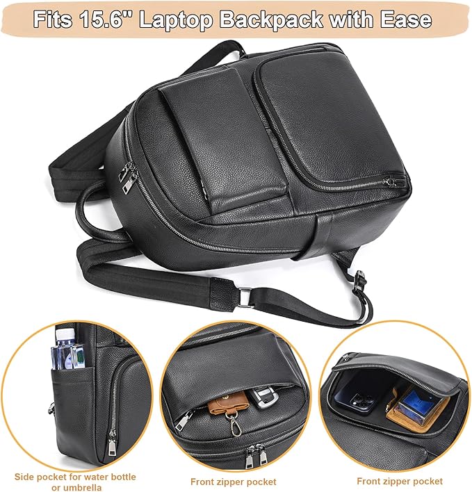 Genuine Leather 15.6 Inch Laptop Backpack for Men, Multi Pocket Casual Daypack Shoulder Bag for Business Travel Outdoor, Black