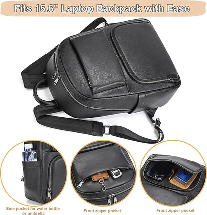 Genuine Leather 15.6 Inch Laptop Backpack for Men, Multi Pocket Casual Daypack Shoulder Bag for Business Travel Outdoor, Black