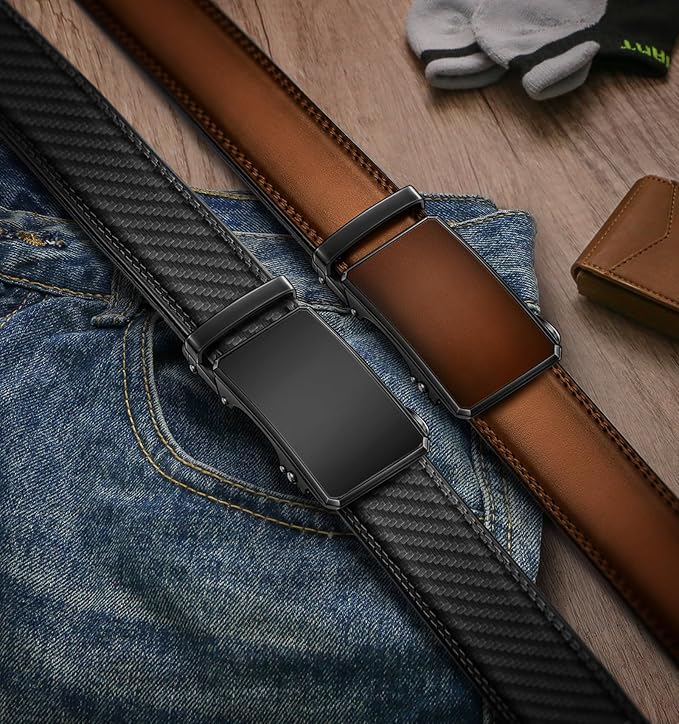 KEMISANT Men Belt 2 Pack, Leather Ratchet Belt Easy Click Slide For Men 1 3/8",Cut for Fit