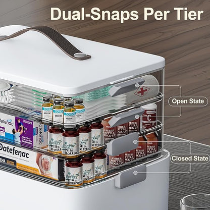 CTIME 4-Tier XL Medicine Organizer with Leather Handle - Portable Pill Case & Empty First Aid Kit for Home, Travel, RV, School, Dorm | Ideal Elderly Gift