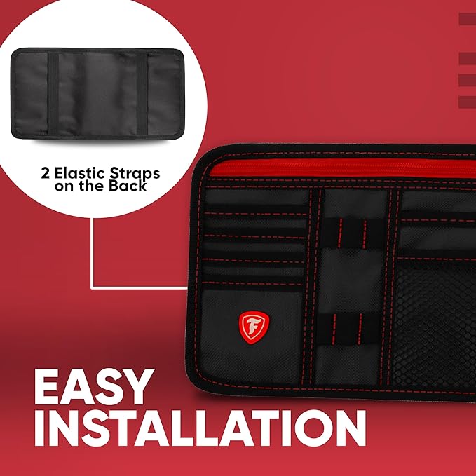 Firestone 2 Pack Sun Visor Organizer Car Accessories for Men & Women, Multi Pocket Visor Storage with Pockets & Card Slots, Eyeglass Holder, Document Holder & Pen Slots - Fits Most Vehicles, Black Red