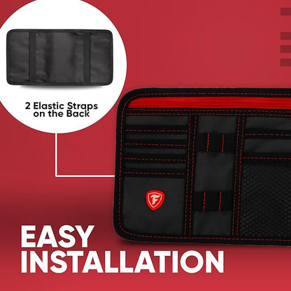 Firestone 2 Pack Sun Visor Organizer Car Accessories for Men & Women, Multi Pocket Visor Storage with Pockets & Card Slots, Eyeglass Holder, Document Holder & Pen Slots - Fits Most Vehicles, Black Red