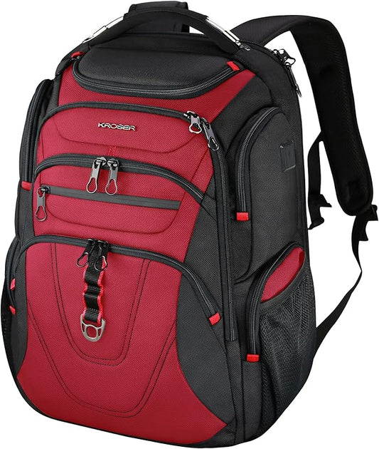 KROSER TSA Friendly Travel Laptop Backpack 17.3 inch XXXL Gaming Backpack Water-Repellent College Daypack Business Backpack with RFID Pockets & USB Port for Men/Women-Black/Red