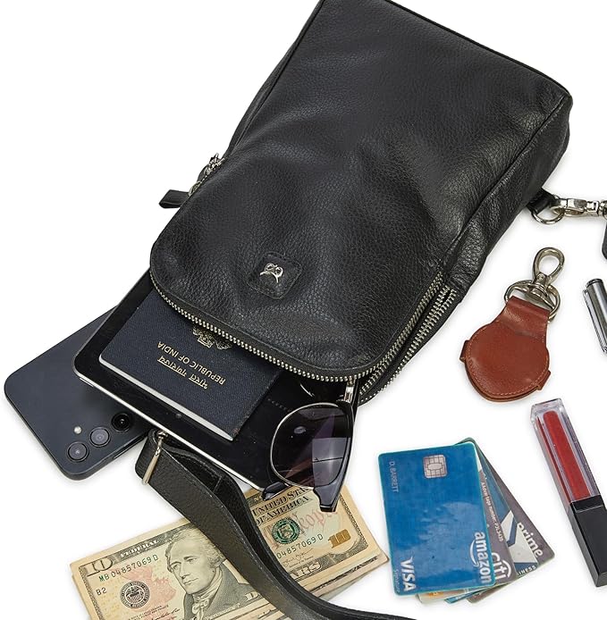 Leather Sling Bag for Women Genuine Crossbody Purse Small Trendy Cross Over Chest with Phone and Credit Card Slots (Black Nappa)