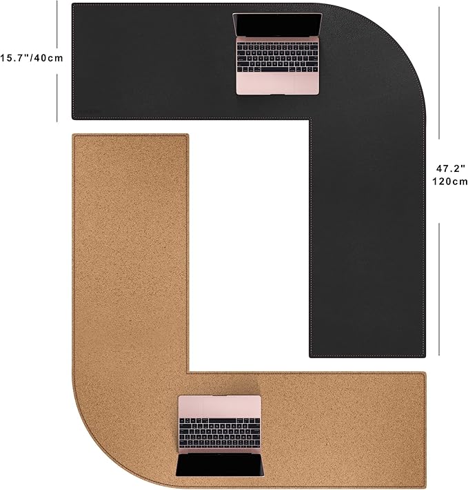 MAIDERN (47” + 47”) x 15.7” L Shaped Corner Desk Mat, Cork & Leather Reversible Desk Pad for Gaming Computer Office Home (Black)