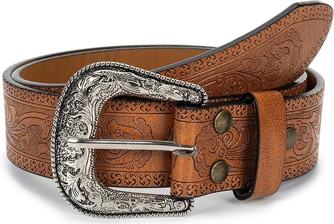 Mealah Vintage Western-Cowboy-Belt for Women Men - Carved Buckle PU Leather Waist Belts (for Waist 28"-38")