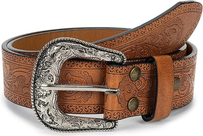 Mealah Vintage Western-Cowboy-Belt for Women Men - Carved Buckle PU Leather Waist Belts (for Waist 28"-38")