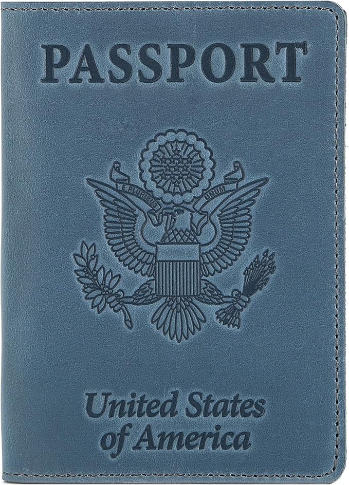 Shvigel US Leather Passport Book Cover - Thin American Travel Passport Holder - Premium International USA Passport Protector Case for Women Men (Light Blue Vintage)